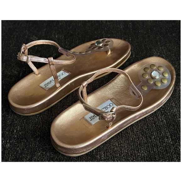 Jimmy Choo  Metallic Rose Gold  Thong Sandals with Rhinestone/Gold Studs Size 7 - Picture 9 of 13